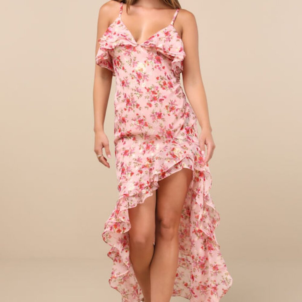 Lulus Tameron Pink Floral Ruffled High-low Maxi Dress - Size M